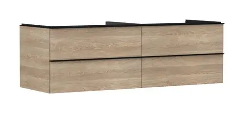 Waschtischunterschrank mit vier Schubkästen in hellem Holzdekor, geeignet für einen Aufsatzwaschtisch, von der Marke Hansgrohe. Schwarz abgesetzte Oberkante.